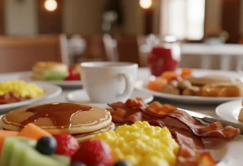 church breakfast spread pancakes eggs bacon fruit